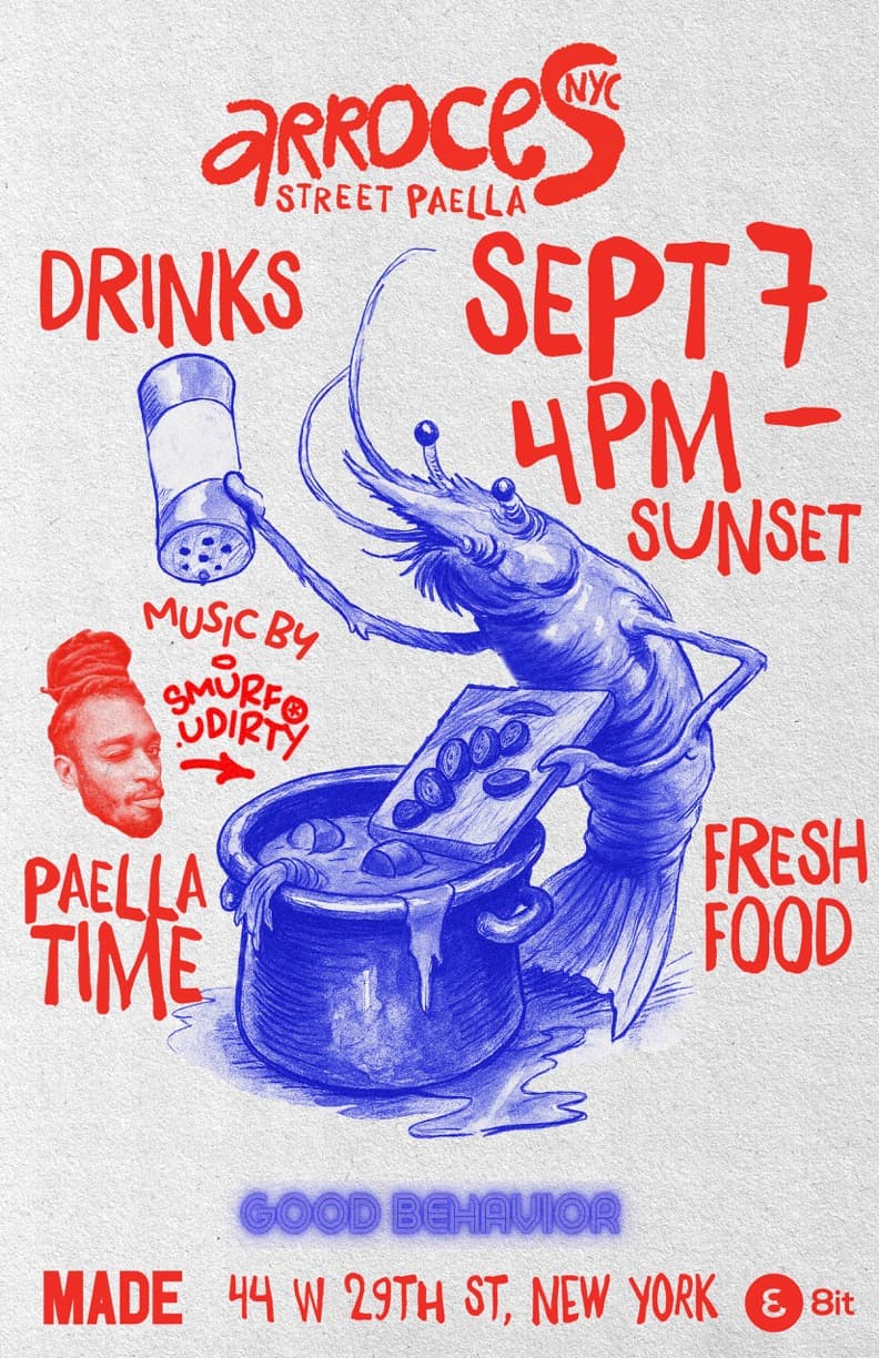 Event poster with shrimp chef illustration for Good Behavior on Sept 7