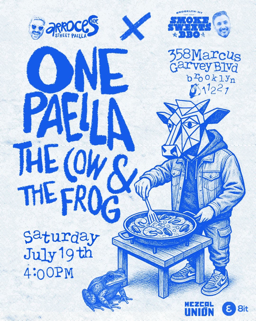 Blue monochrome poster for One Paella The Cow & The Frog with Smoke Sweets BBQ