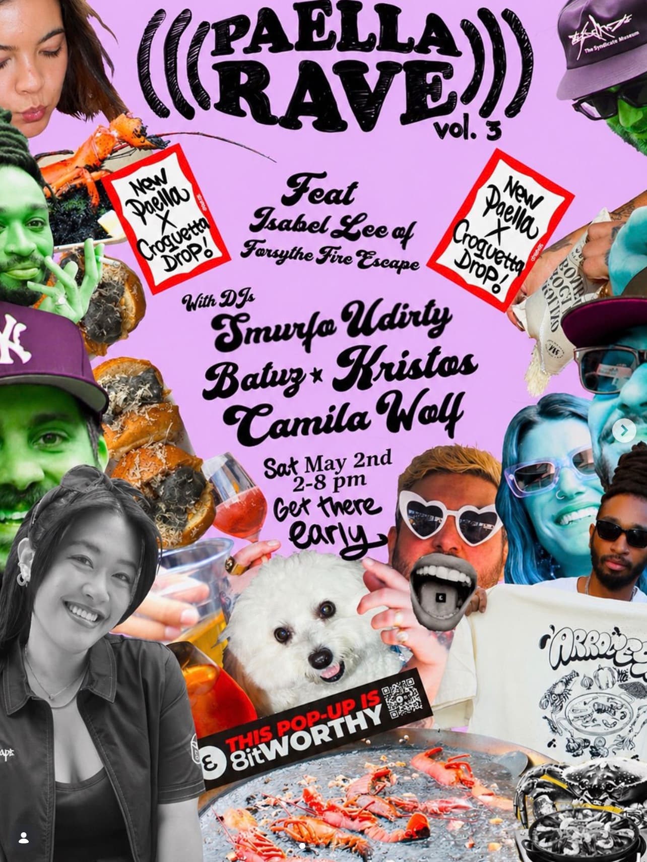 Paella Rave vol. 3 collage poster featuring collaborators and food photography