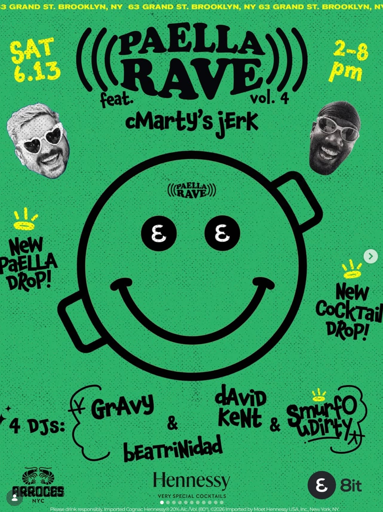 Paella Rave vol. 4 poster with green risograph texture and smiley pan graphic