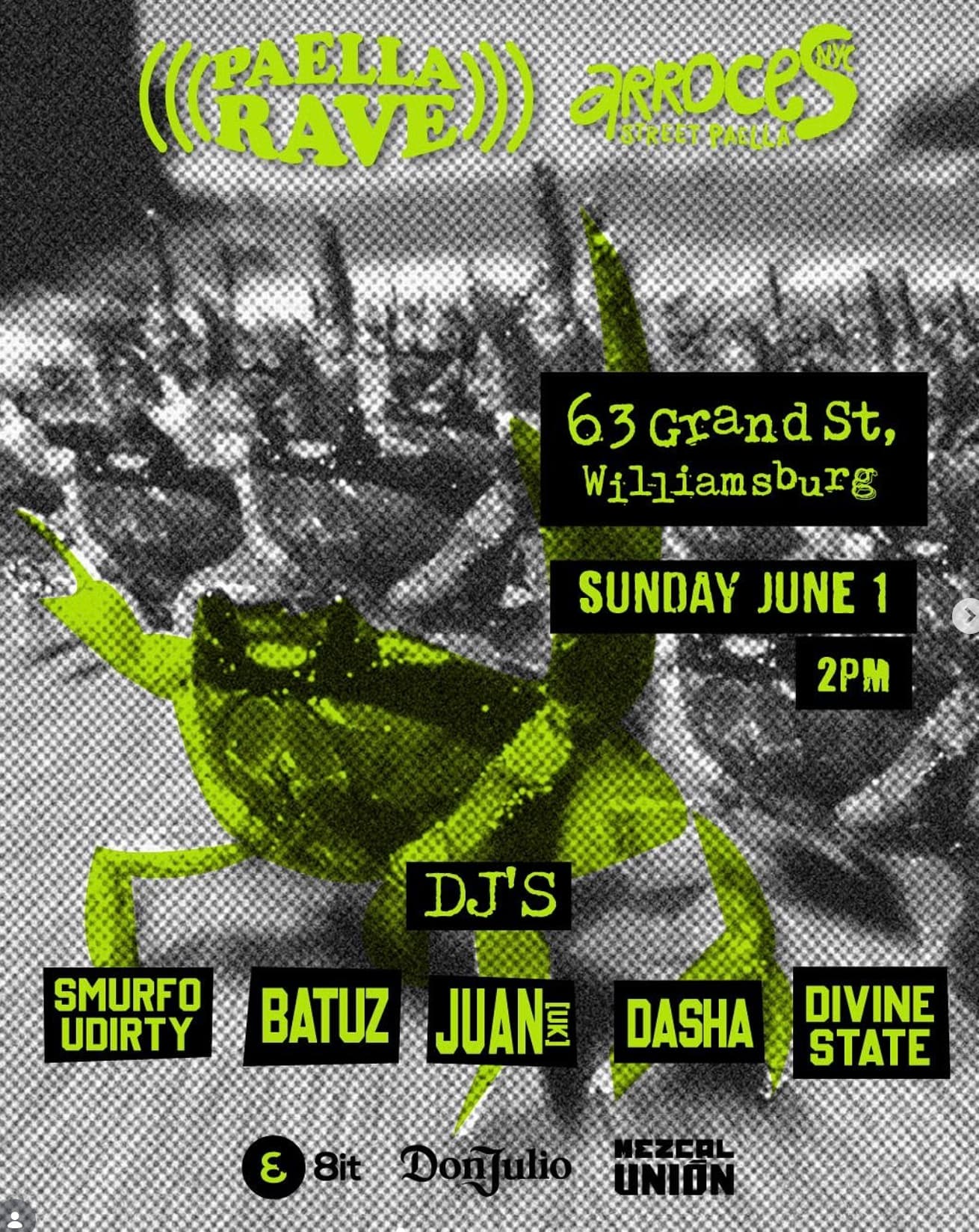 Black and lime green Paella Rave poster with crab graphic and DJ lineup