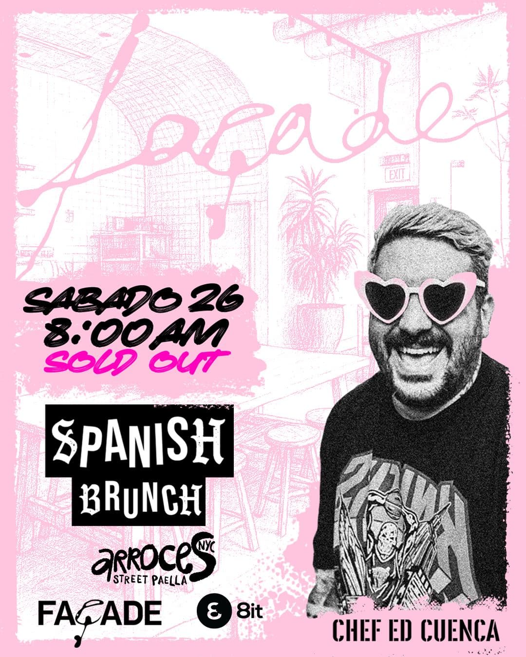 Pink and black Spanish Brunch poster featuring Chef Ed Cuenca at Façade